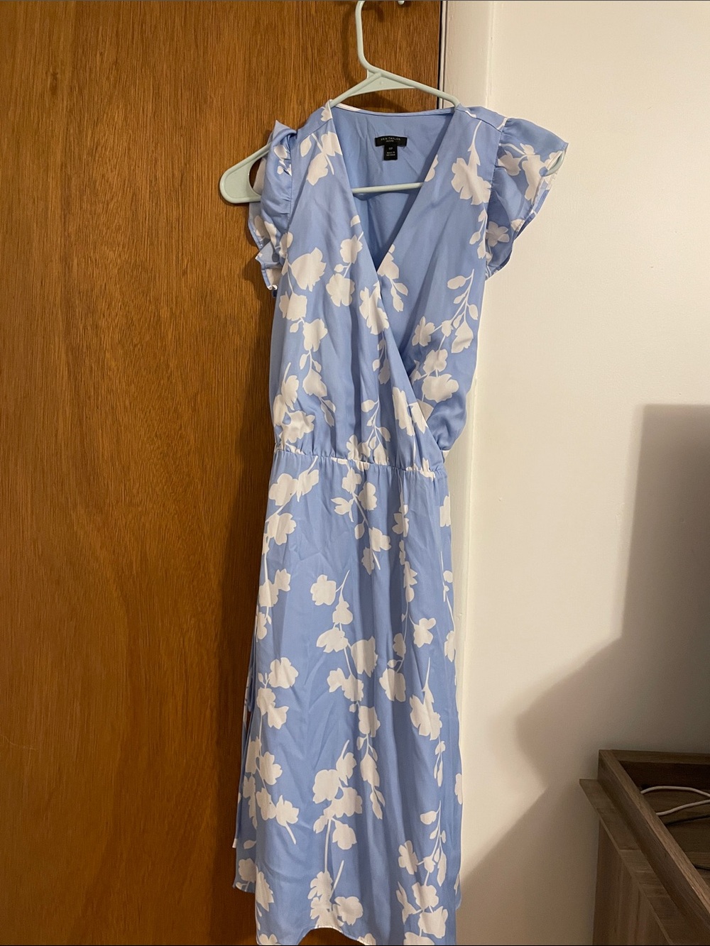 Ann Taylor Light Blue and White Floral Wrap Midi Dress